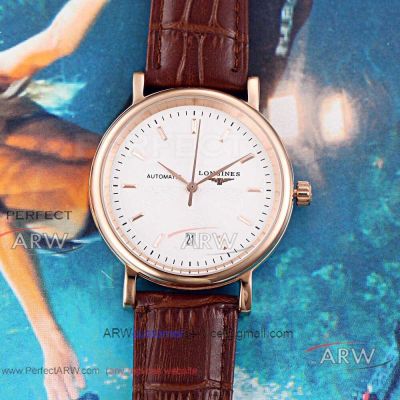 Perfect Replica Longines White Pure Face Rose Gold Smooth Bezel Brown Leather 39mm Men's Watch
